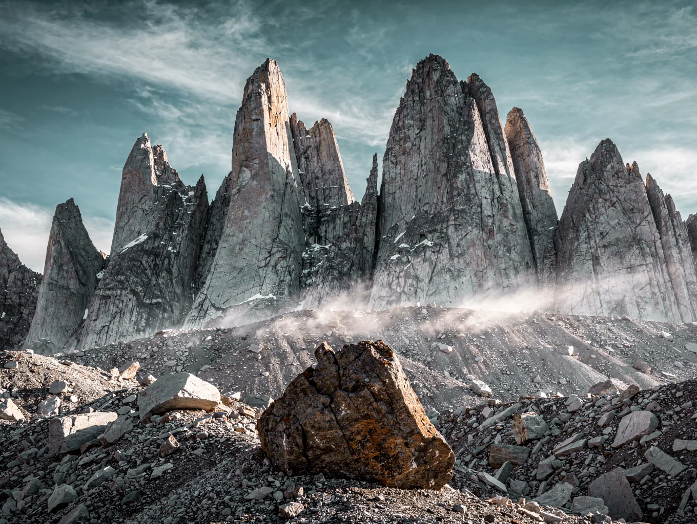 Jagged mountain peaks in Patagonia under dramatic light